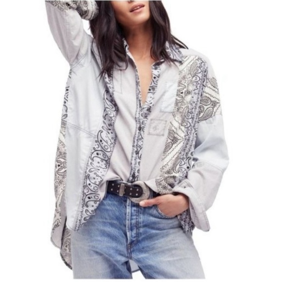 Free People Paisley Patchwork Oversized Button Up Shirt, Blue & White Floral Top - Picture 1 of 11
